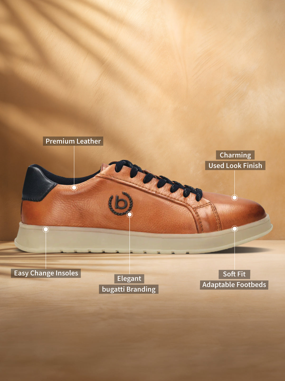 A cognac Men's bugatti Sneakers featuring a round plain toe, zero heels heel. Made from premium genuine leather with a durable tpr outsole, this laces design offers both style and comfort.