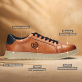 A cognac Men's bugatti Sneakers featuring a round plain toe, zero heels heel. Made from premium genuine leather with a durable tpr outsole, this laces design offers both style and comfort.
