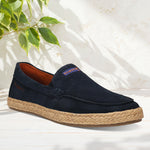 A blue Men's bugatti Casual Loafers featuring a round toe apron toe, zero heels heel. Made from premium genuine leather with a durable tpr outsole, this slip-on design offers both style and comfort.