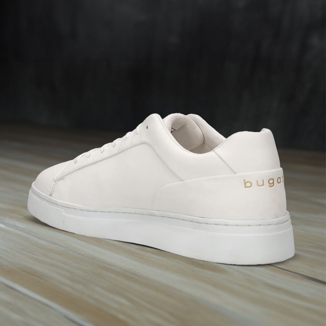 A white Men's bugatti Sneakers featuring a round toe plain toe, zero heels heel. Made from premium genuine leather with a durable tr outsole, this laces design offers both style and comfort.