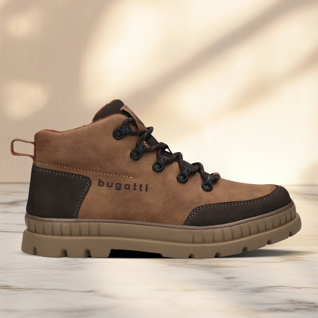 A cognac Men's bugatti Casual Boots featuring a round toe plain toe, stacked heel. Made from synthetic with a durable tpr outsole, this zipper design offers both style and comfort.