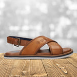 A cognac Men's bugatti Back Strap Sandals featuring a open toe plain toe, zero heels heel, and a wide fit. Made from premium genuine leather with a durable eva outsole, this buckle design offers both style and comfort.