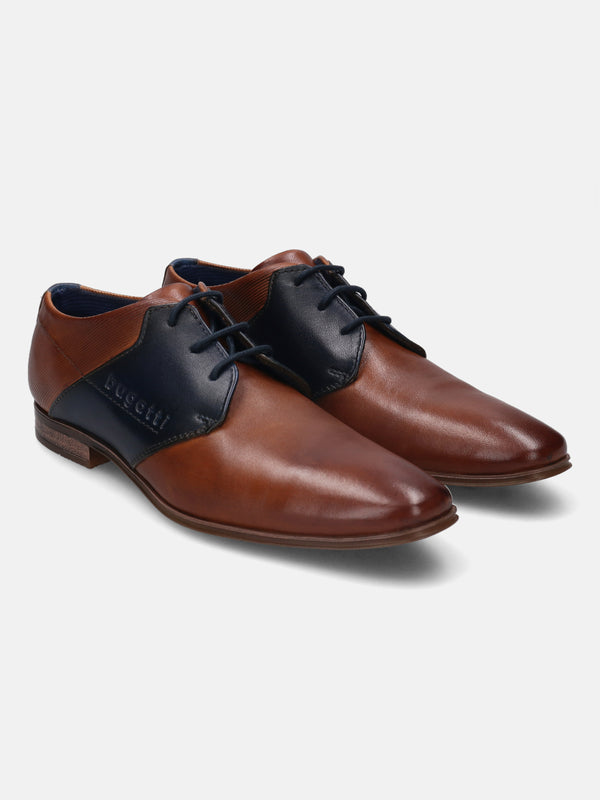 A cognac Men's bugatti Derby featuring a pointed plain toe, stacked heel. Made from premium genuine leather with a durable high quality synthetic outsole, this laces design offers both style and comfort.