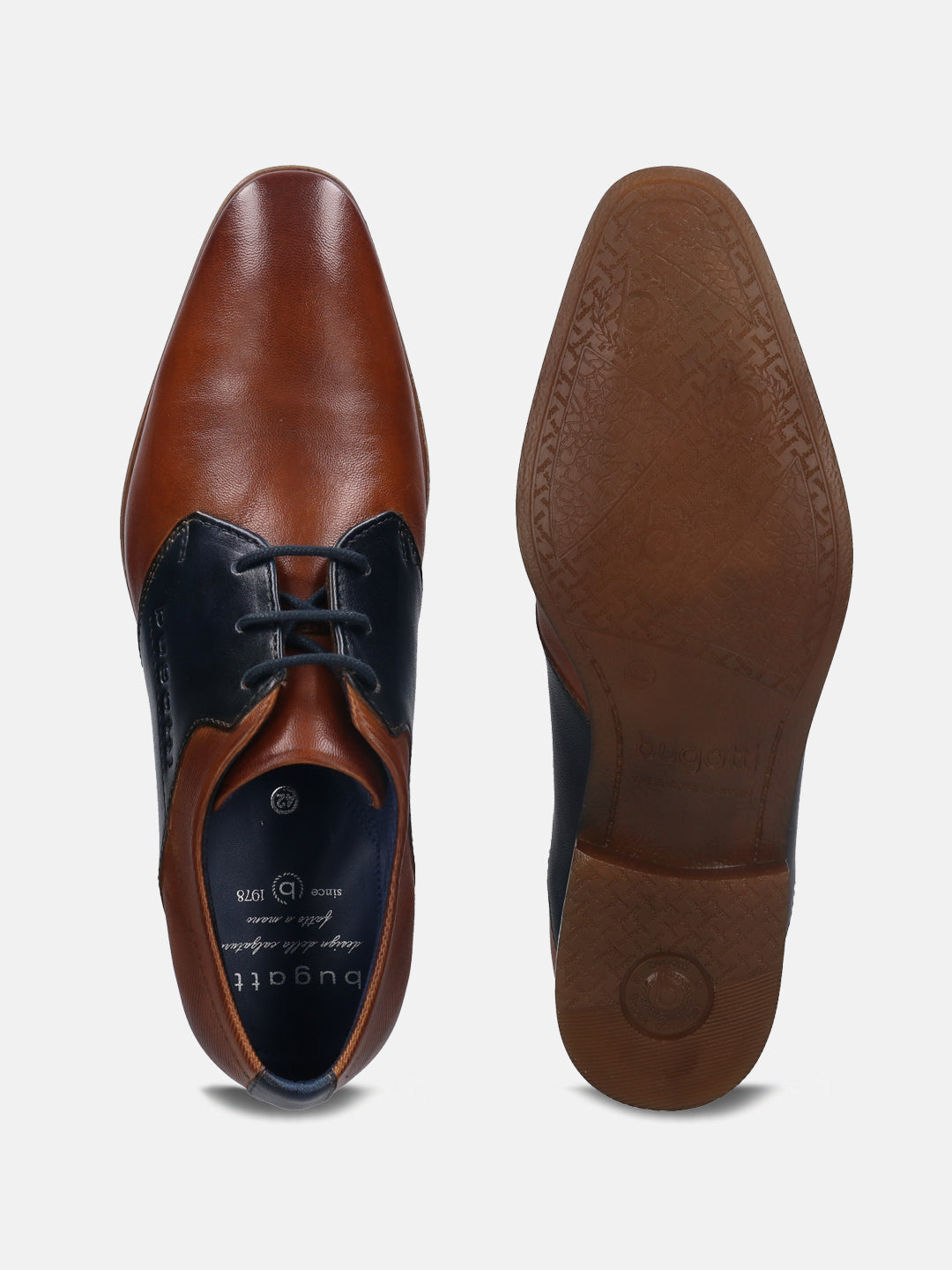 A cognac Men's bugatti Derby featuring a pointed plain toe, stacked heel. Made from premium genuine leather with a durable high quality synthetic outsole, this laces design offers both style and comfort.