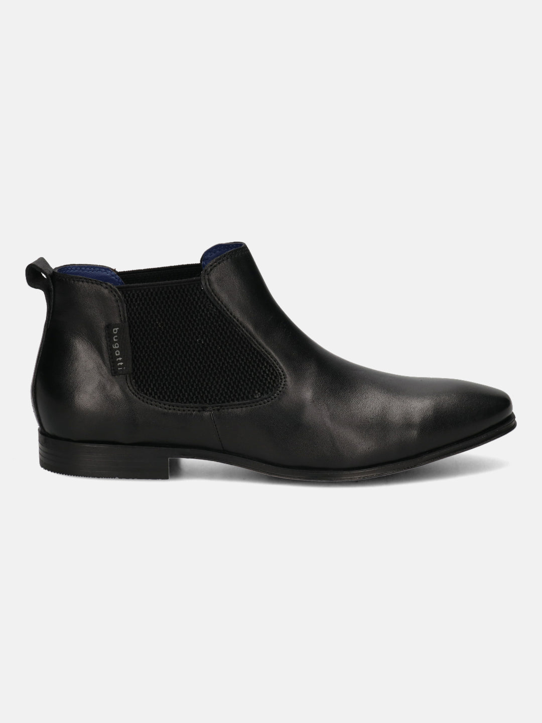 A black Men's bugatti  Chelsea Boots featuring a round toe plain toe, stacked heel. Made from premium genuine leather with a durable tpr outsole, this elastic design offers both style and comfort.