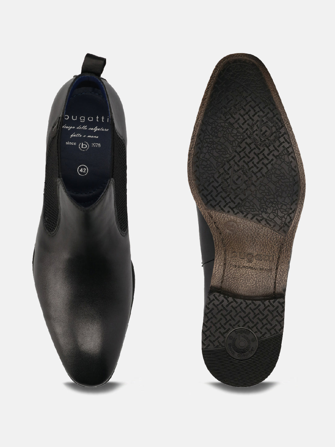 A black Men's bugatti  Chelsea Boots featuring a round toe plain toe, stacked heel. Made from premium genuine leather with a durable tpr outsole, this elastic design offers both style and comfort.