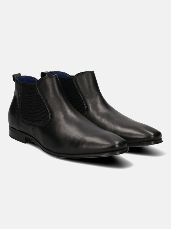 A black Men's bugatti  Chelsea Boots featuring a round toe plain toe, stacked heel. Made from premium genuine leather with a durable tpr outsole, this elastic design offers both style and comfort.
