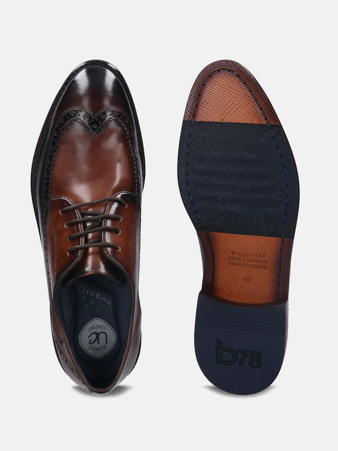 A brown Men's bugatti Brogue featuring a round wingcap, stacked heel. Made from premium genuine leather with a durable leather outsole, this laces design offers both style and comfort.