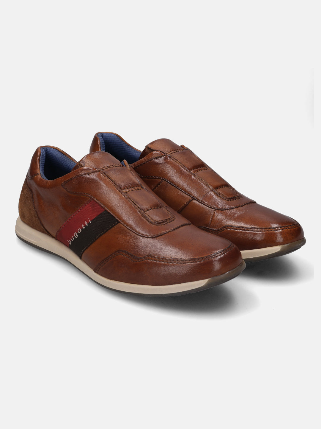 A cognac Men's bugatti Sneakers featuring a round plain toe, zero heels heel. Made from premium genuine leather with a durable tr outsole, this slip-on design offers both style and comfort.