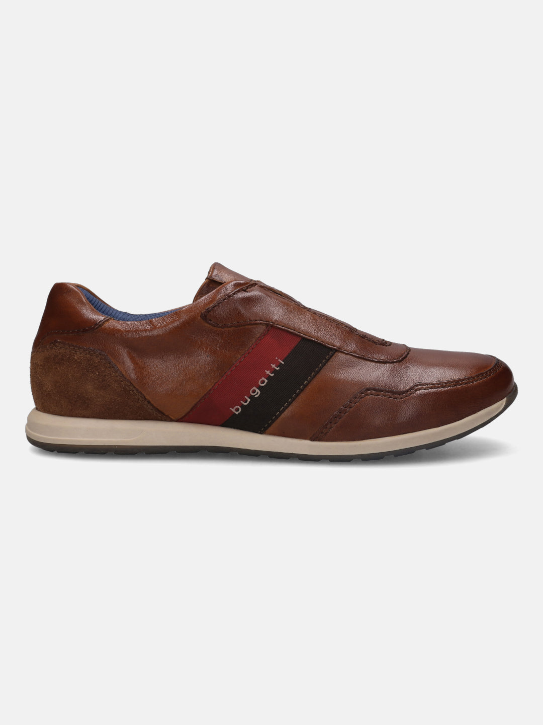 A cognac Men's bugatti Sneakers featuring a round plain toe, zero heels heel. Made from premium genuine leather with a durable tr outsole, this slip-on design offers both style and comfort.