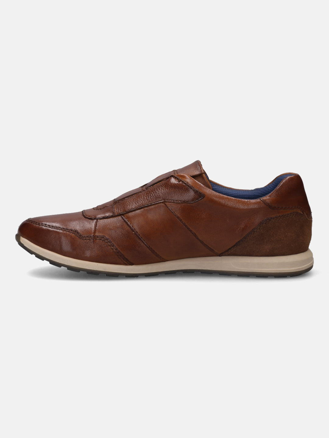 A cognac Men's bugatti Sneakers featuring a round plain toe, zero heels heel. Made from premium genuine leather with a durable tr outsole, this slip-on design offers both style and comfort.