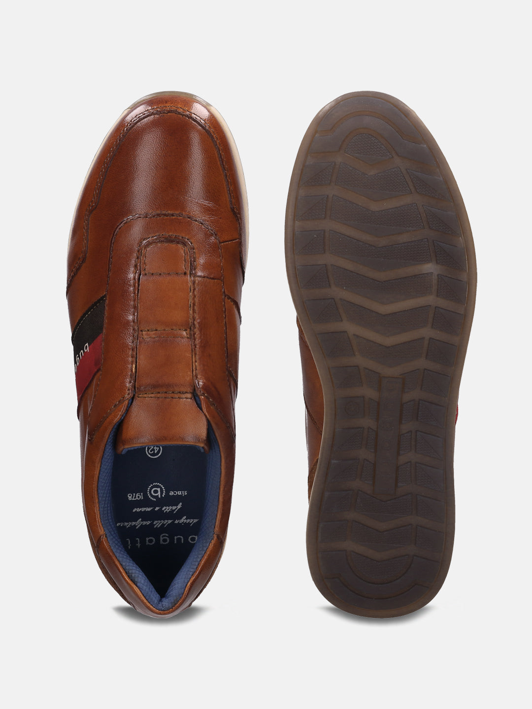 A cognac Men's bugatti Sneakers featuring a round plain toe, zero heels heel. Made from premium genuine leather with a durable tr outsole, this slip-on design offers both style and comfort.