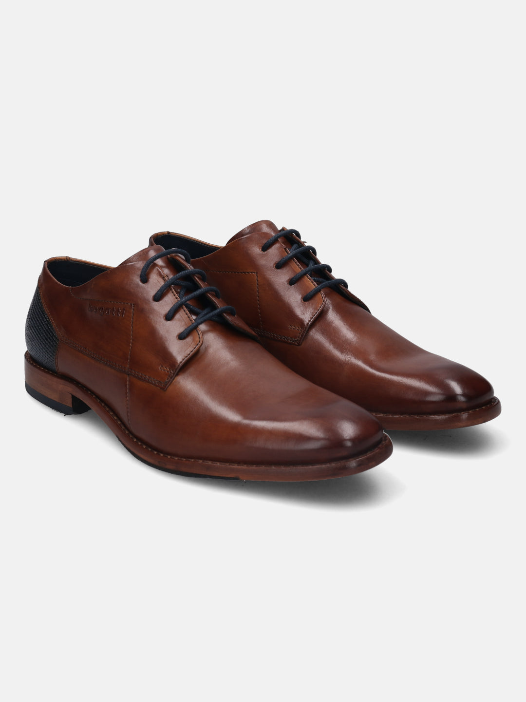 A cognac Men's bugatti Derby featuring a round plain toe, stacked heel. Made from premium genuine leather with a durable leather outsole, this laces design offers both style and comfort.
