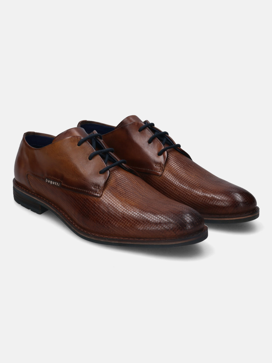 A cognac Men's bugatti Derby featuring a round plain toe, stacked heel. Made from premium genuine leather with a durable tpr outsole, this laces design offers both style and comfort.