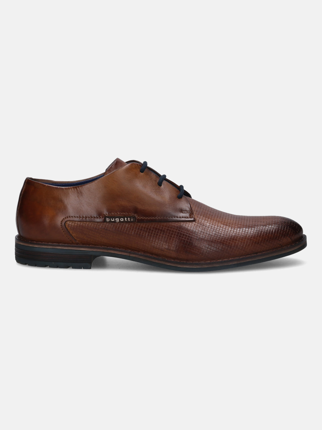 A cognac Men's bugatti Derby featuring a round plain toe, stacked heel. Made from premium genuine leather with a durable tpr outsole, this laces design offers both style and comfort.