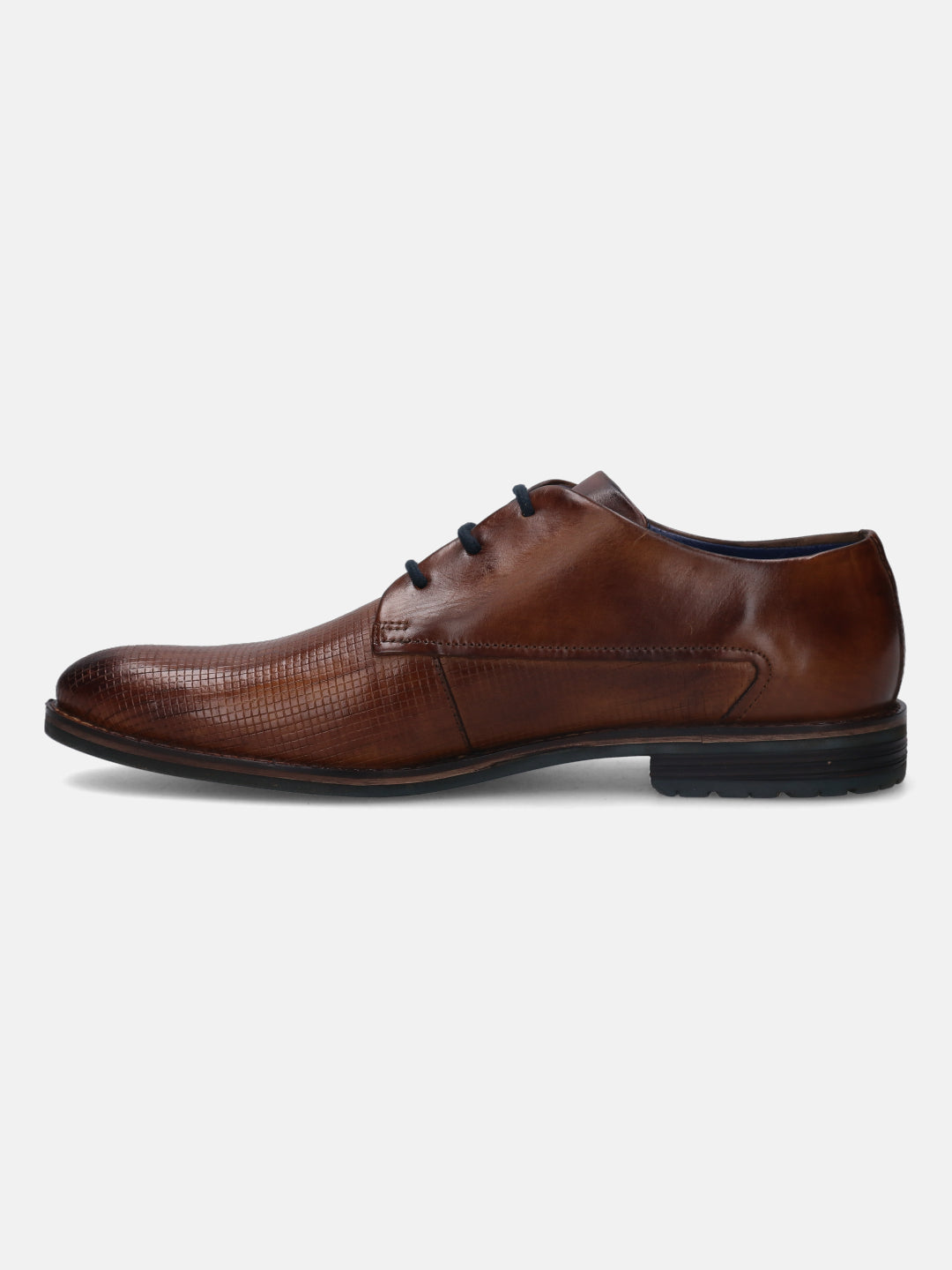A cognac Men's bugatti Derby featuring a round plain toe, stacked heel. Made from premium genuine leather with a durable tpr outsole, this laces design offers both style and comfort.