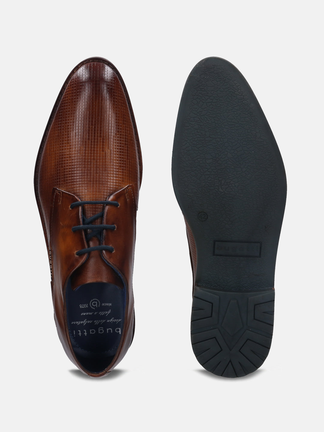 A cognac Men's bugatti Derby featuring a round plain toe, stacked heel. Made from premium genuine leather with a durable tpr outsole, this laces design offers both style and comfort.
