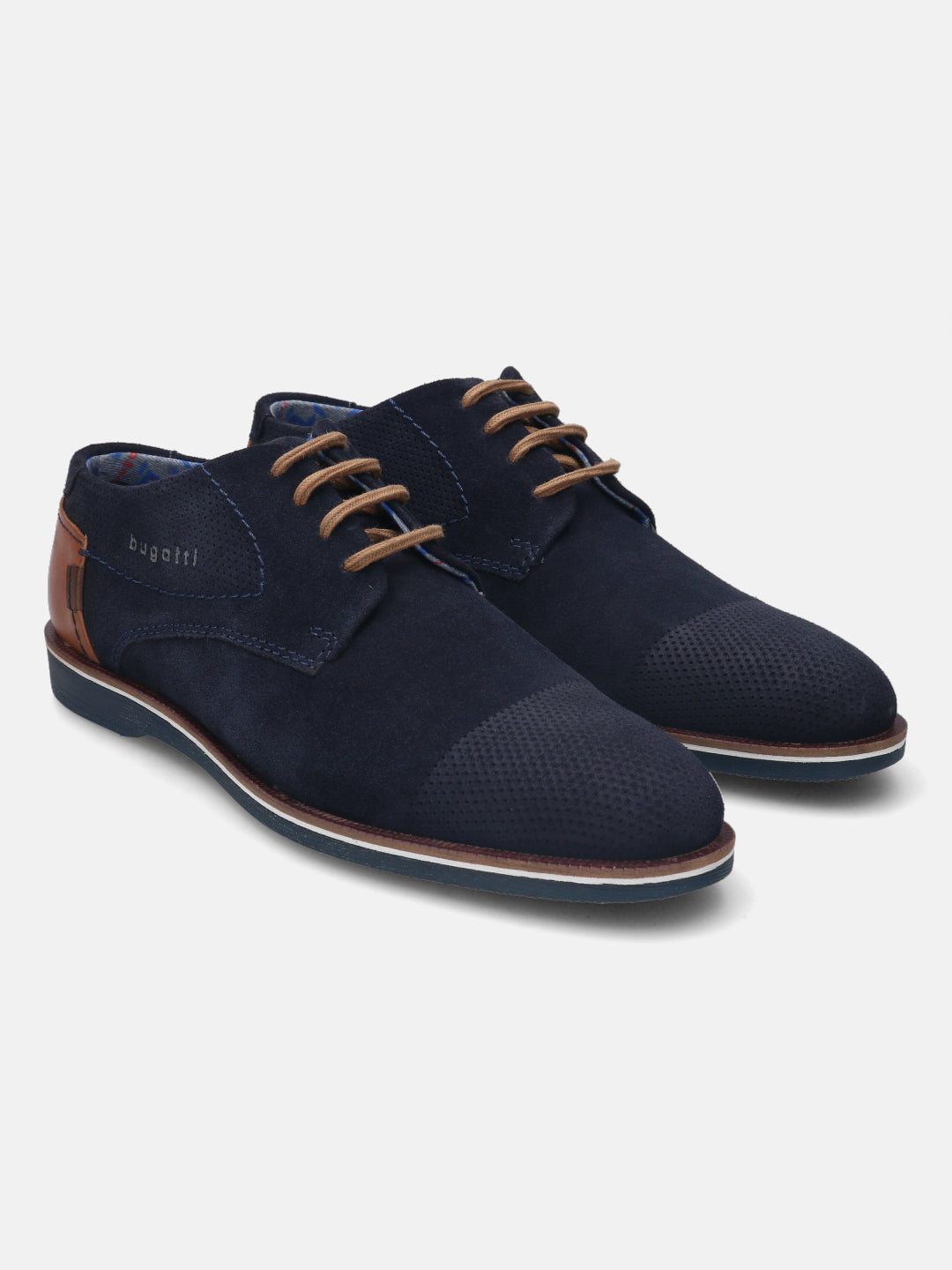 A blue Men's bugatti Derby featuring a pointed plain toe, zero heels heel. Made from suede leather with a durable tpr outsole, this laces design offers both style and comfort.