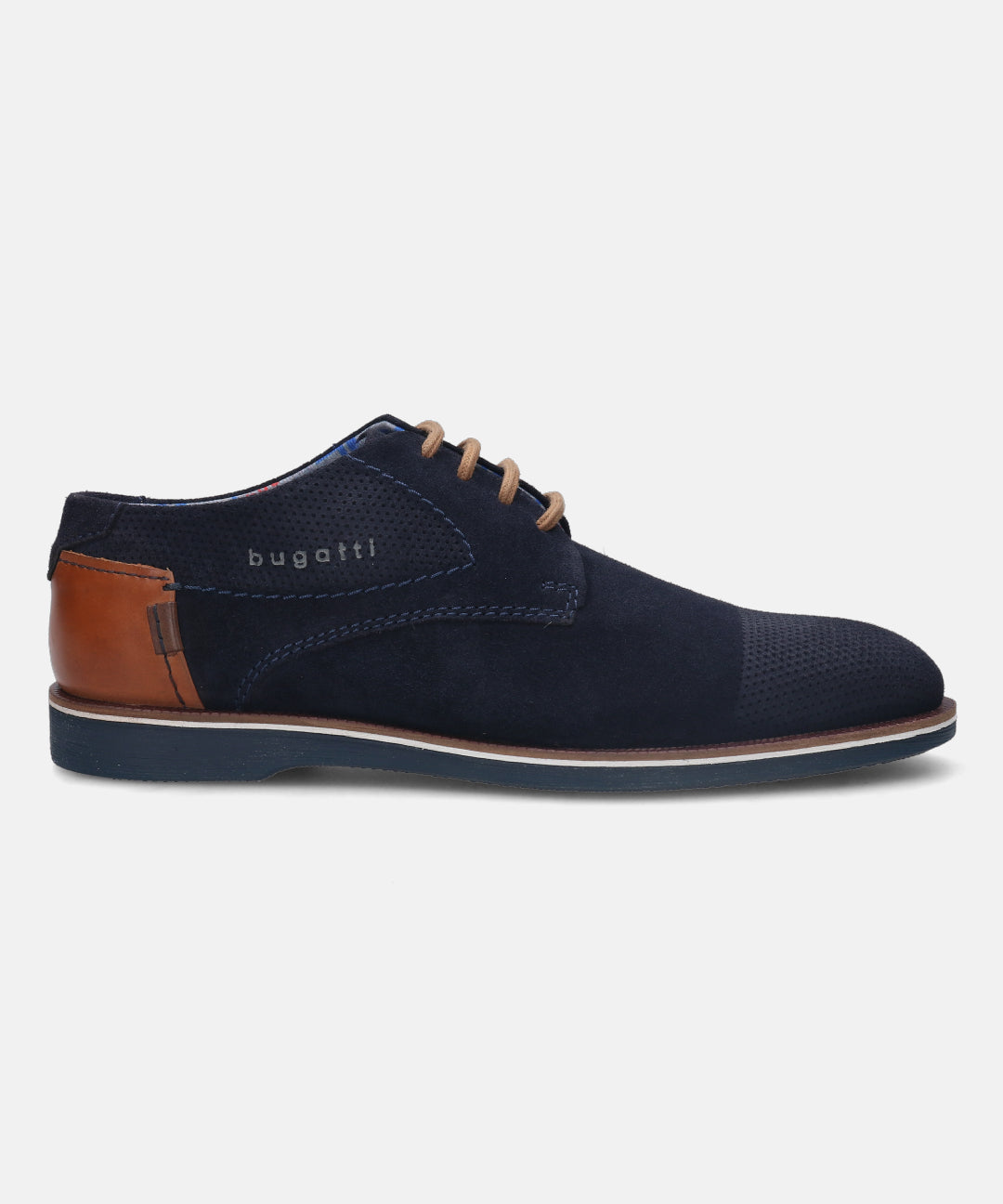 A blue Men's bugatti Derby featuring a pointed plain toe, zero heels heel. Made from suede leather with a durable tpr outsole, this laces design offers both style and comfort.