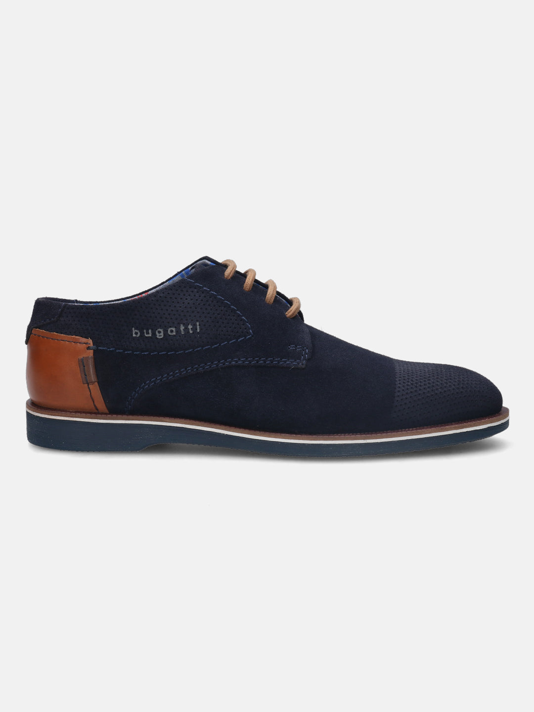 A blue Men's bugatti Derby featuring a pointed plain toe, zero heels heel. Made from suede leather with a durable tpr outsole, this laces design offers both style and comfort.