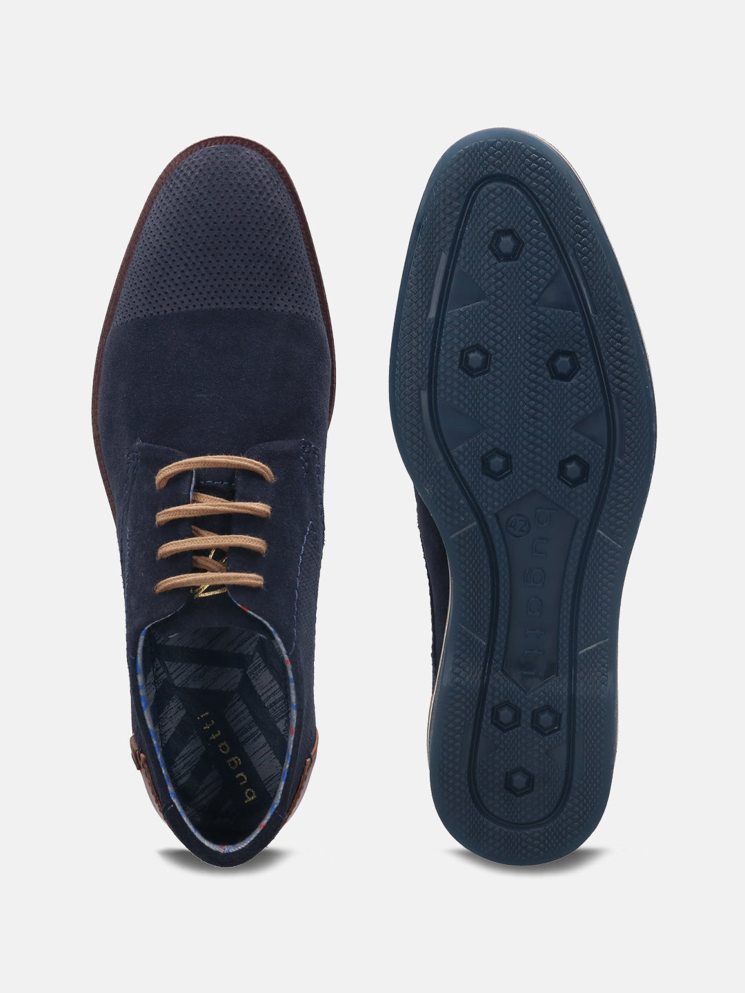A blue Men's bugatti Derby featuring a pointed plain toe, zero heels heel. Made from suede leather with a durable tpr outsole, this laces design offers both style and comfort.