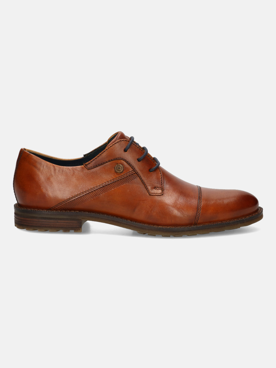 A cognac Men's bugatti  Derby featuring a pointed toe toe cap, stacked heel. Made from premium genuine leather with a durable leather outsole, this laces design offers both style and comfort.