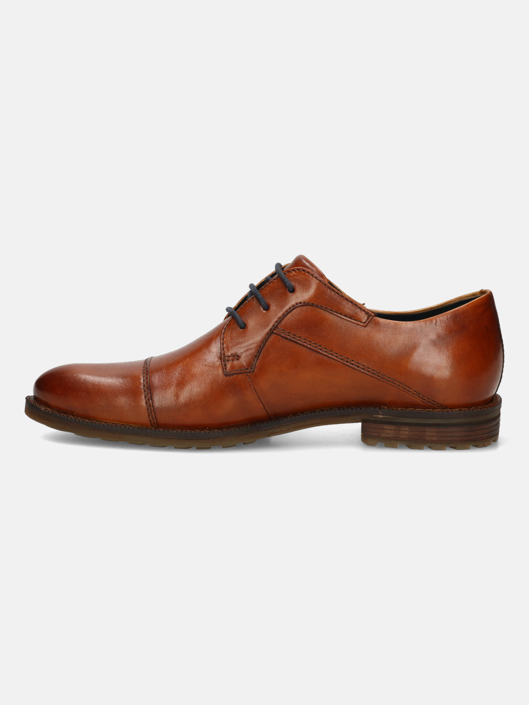 A cognac Men's bugatti  Derby featuring a pointed toe toe cap, stacked heel. Made from premium genuine leather with a durable leather outsole, this laces design offers both style and comfort.