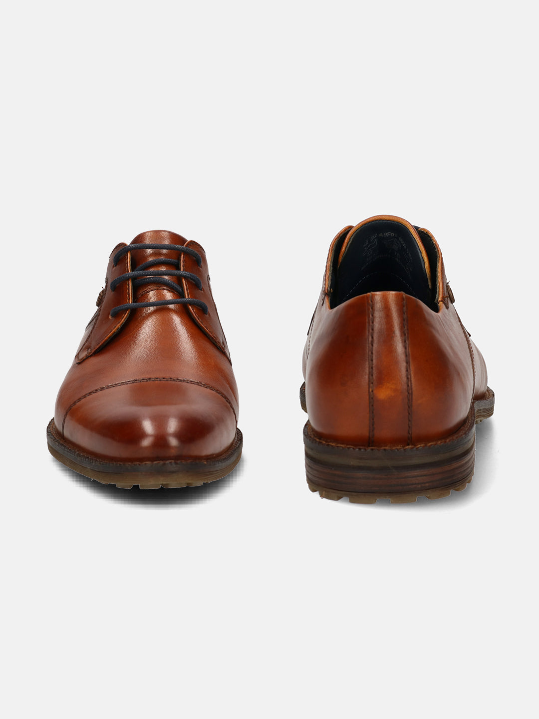 A cognac Men's bugatti  Derby featuring a pointed toe toe cap, stacked heel. Made from premium genuine leather with a durable leather outsole, this laces design offers both style and comfort.