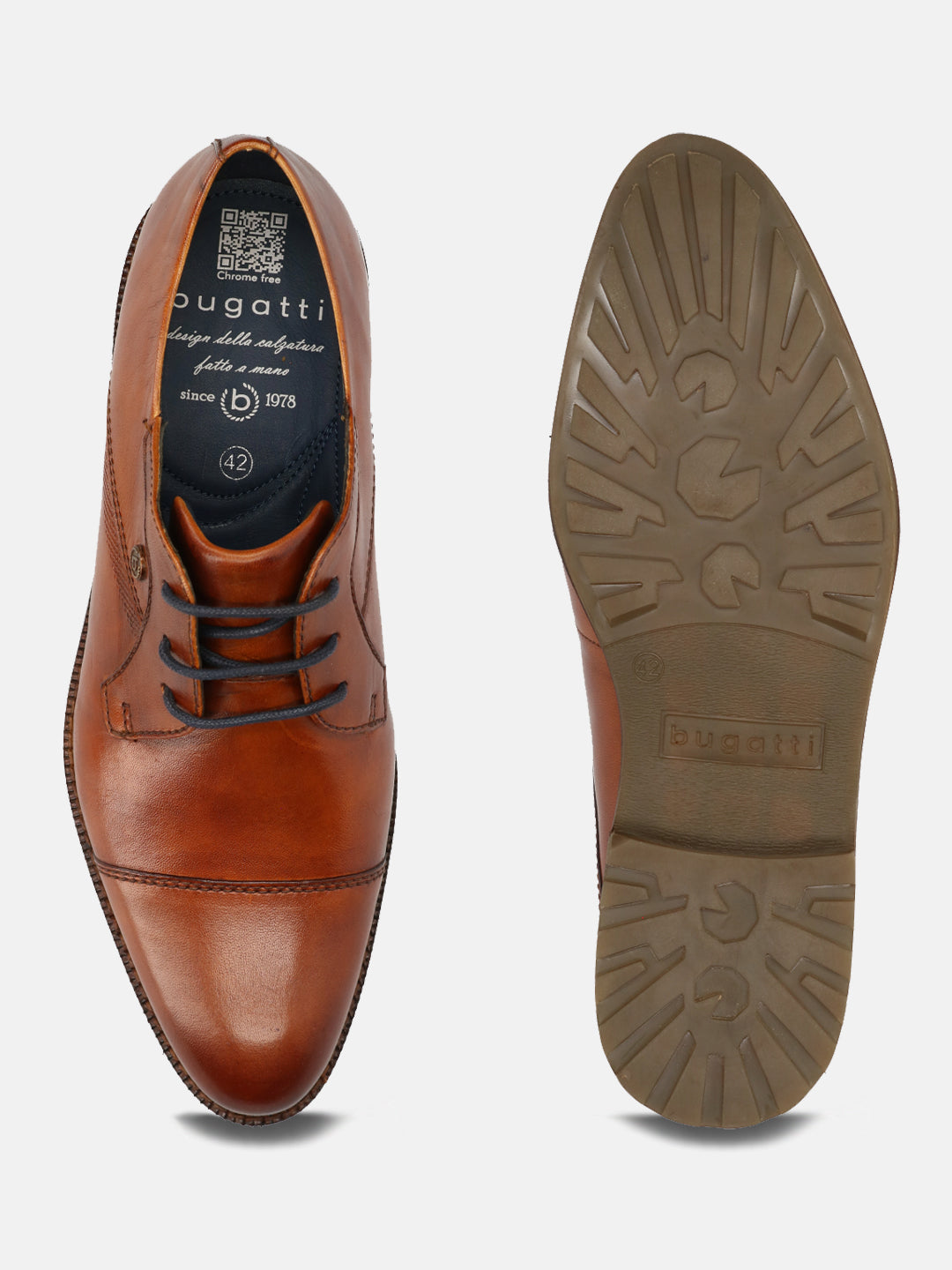 A cognac Men's bugatti  Derby featuring a pointed toe toe cap, stacked heel. Made from premium genuine leather with a durable leather outsole, this laces design offers both style and comfort.