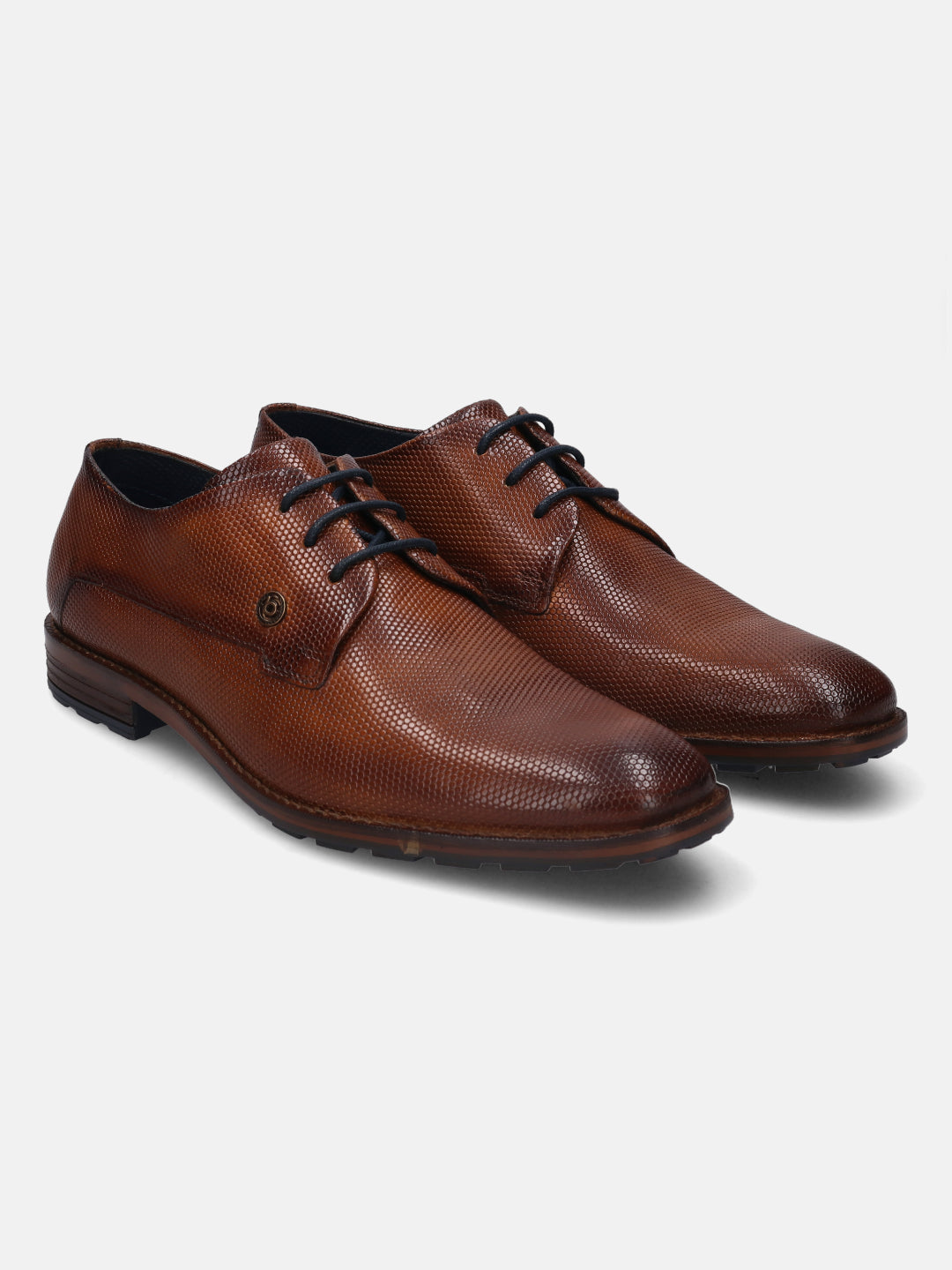 A cognac Men's bugatti Derby featuring a pointed plain toe, stacked heel. Made from premium genuine leather with a durable tr outsole, this laces design offers both style and comfort.