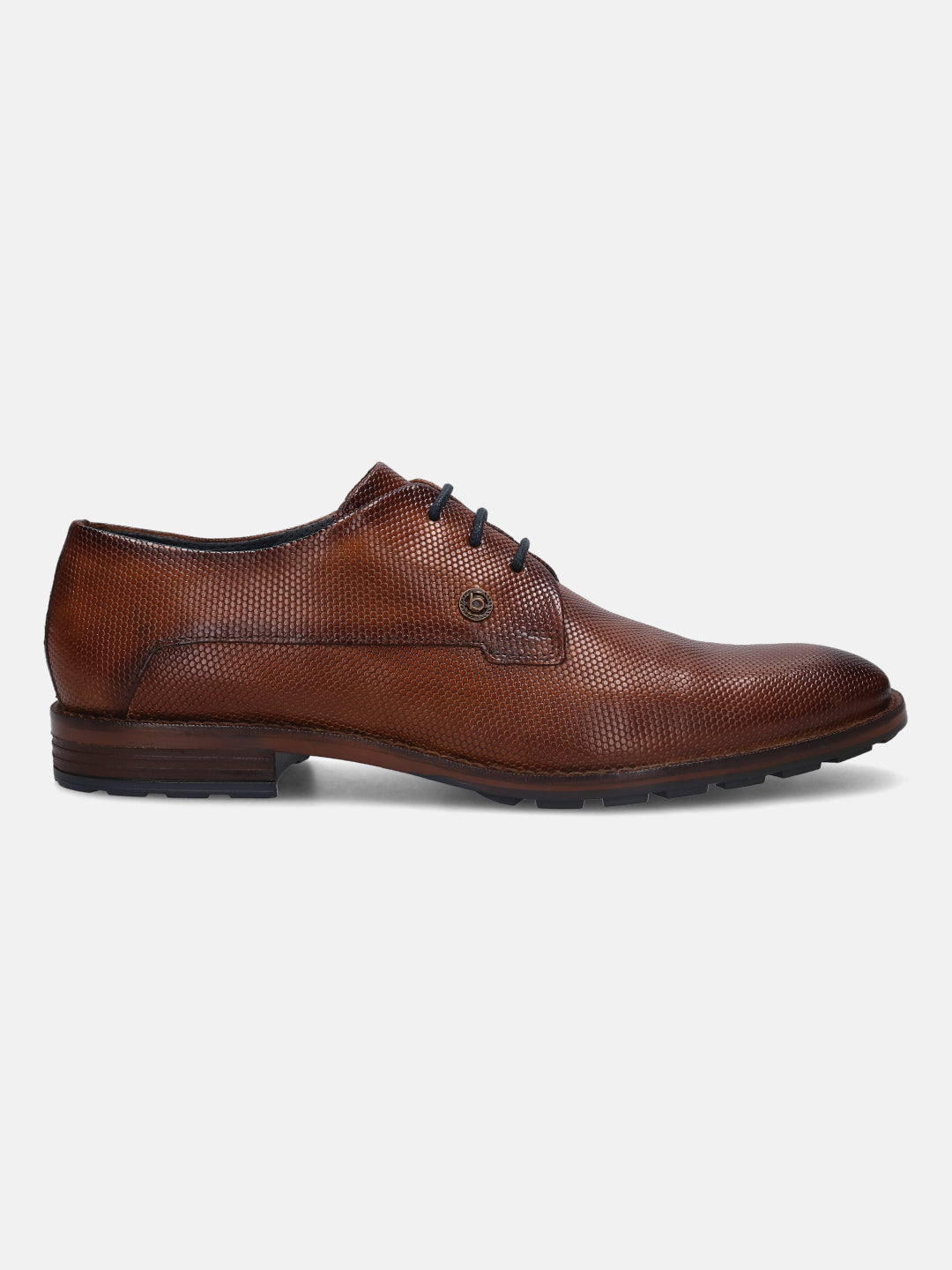 A cognac Men's bugatti Derby featuring a pointed plain toe, stacked heel. Made from premium genuine leather with a durable tr outsole, this laces design offers both style and comfort.