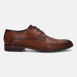 A cognac Men's bugatti Derby featuring a pointed plain toe, stacked heel. Made from premium genuine leather with a durable tr outsole, this laces design offers both style and comfort.