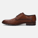 A cognac Men's bugatti Derby featuring a pointed plain toe, stacked heel. Made from premium genuine leather with a durable tr outsole, this laces design offers both style and comfort.