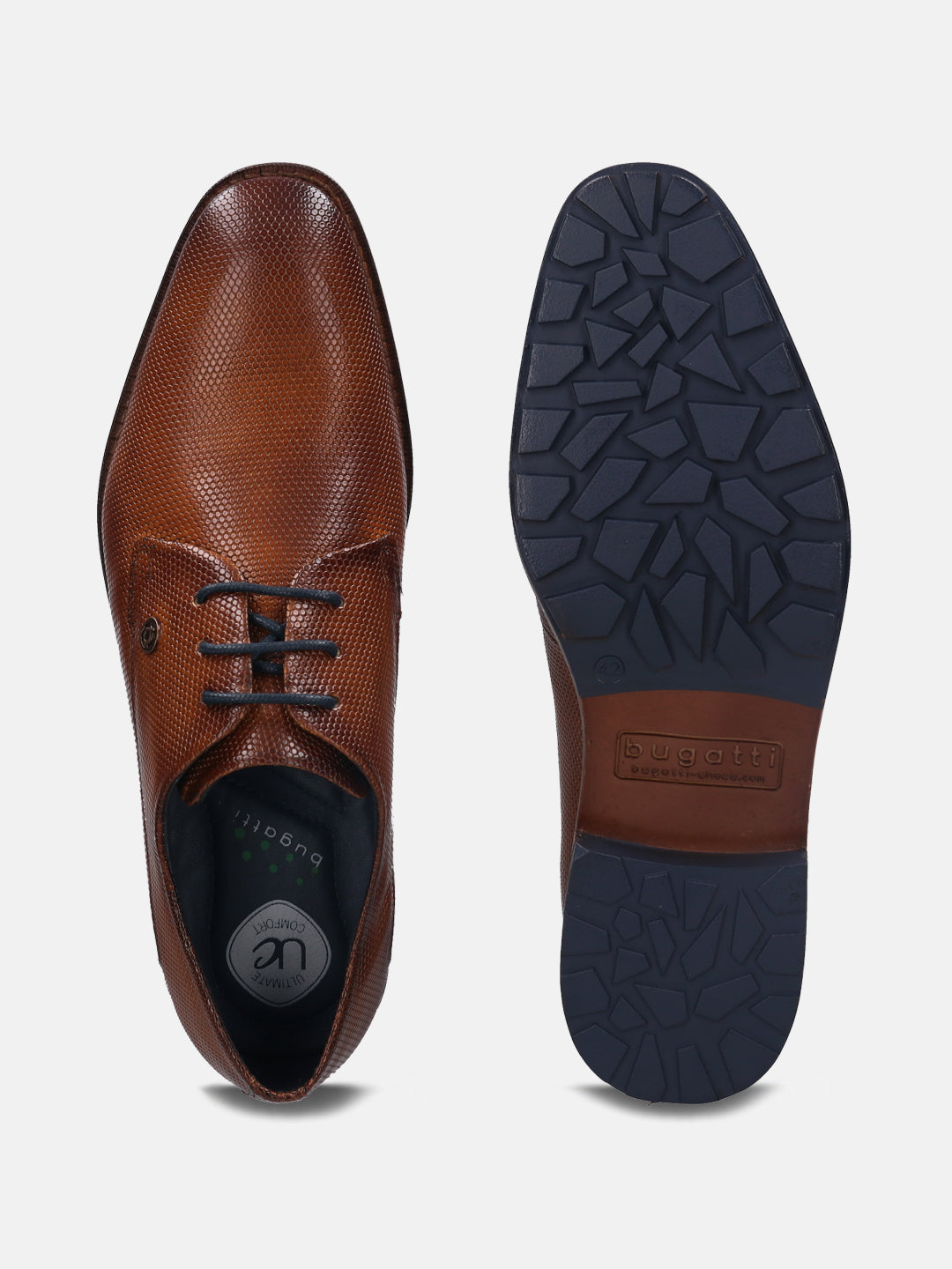 A cognac Men's bugatti Derby featuring a pointed plain toe, stacked heel. Made from premium genuine leather with a durable tr outsole, this laces design offers both style and comfort.