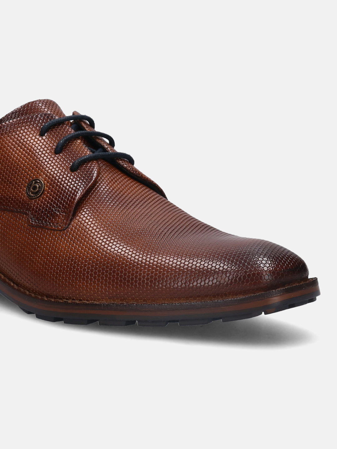 A cognac Men's bugatti Derby featuring a pointed plain toe, stacked heel. Made from premium genuine leather with a durable tr outsole, this laces design offers both style and comfort.