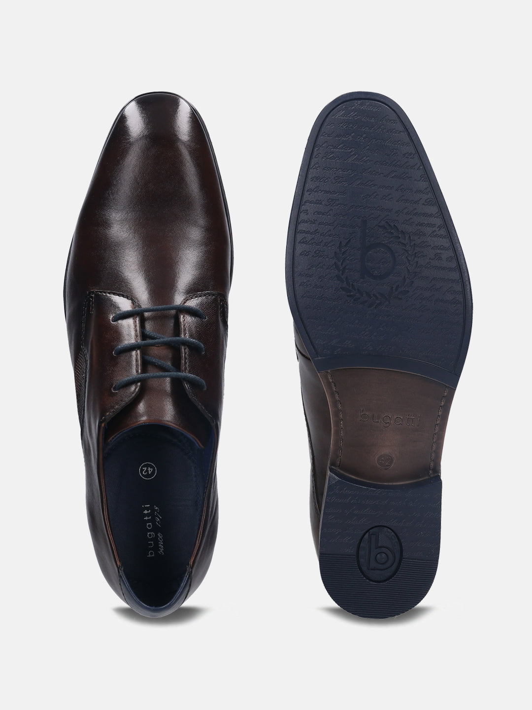 A brown Men's bugatti Derby featuring a pointed plain toe, stacked heel. Made from premium genuine leather with a durable high quality synthetic outsole, this laces design offers both style and comfort.