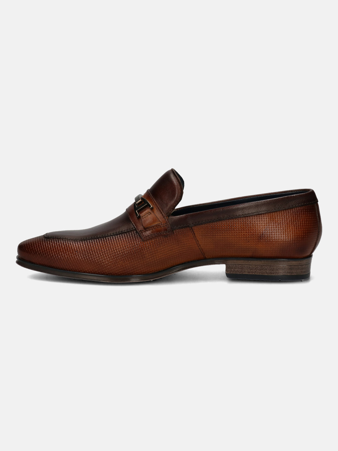 A cognac Men's bugatti  Bit Loafer featuring a pointed toe apron toe, stacked heel. Made from premium genuine leather with a durable tpr outsole, this slip-on design offers both style and comfort.