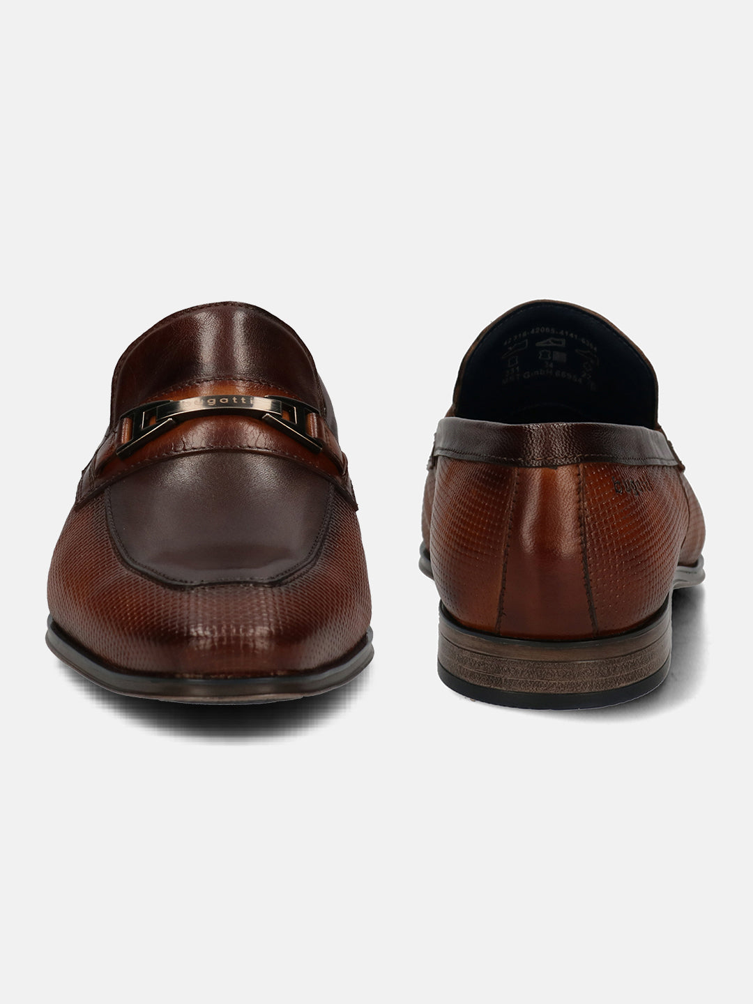 A cognac Men's bugatti  Bit Loafer featuring a pointed toe apron toe, stacked heel. Made from premium genuine leather with a durable tpr outsole, this slip-on design offers both style and comfort.