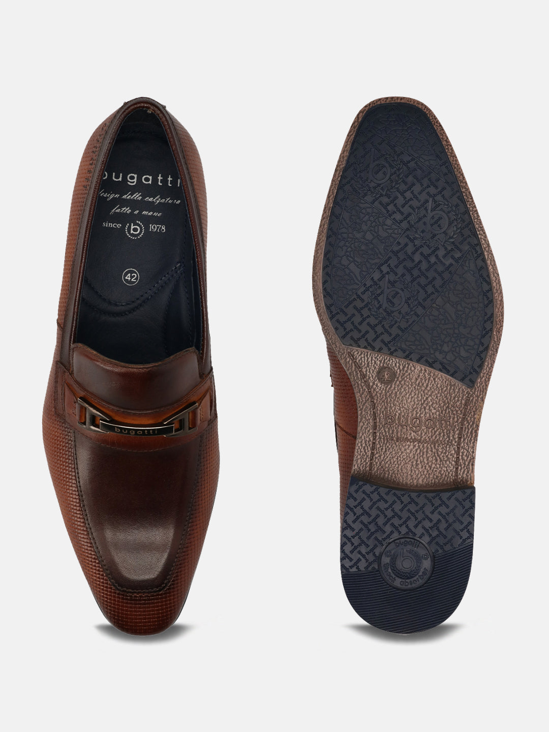 A cognac Men's bugatti  Bit Loafer featuring a pointed toe apron toe, stacked heel. Made from premium genuine leather with a durable tpr outsole, this slip-on design offers both style and comfort.