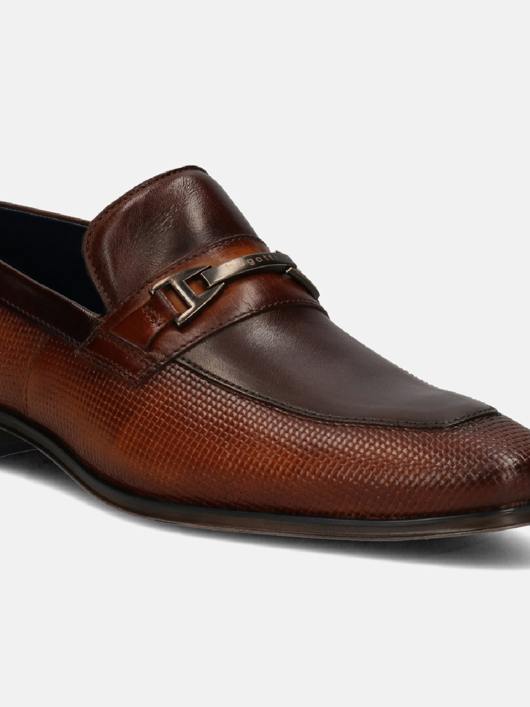 A cognac Men's bugatti  Bit Loafer featuring a pointed toe apron toe, stacked heel. Made from premium genuine leather with a durable tpr outsole, this slip-on design offers both style and comfort.