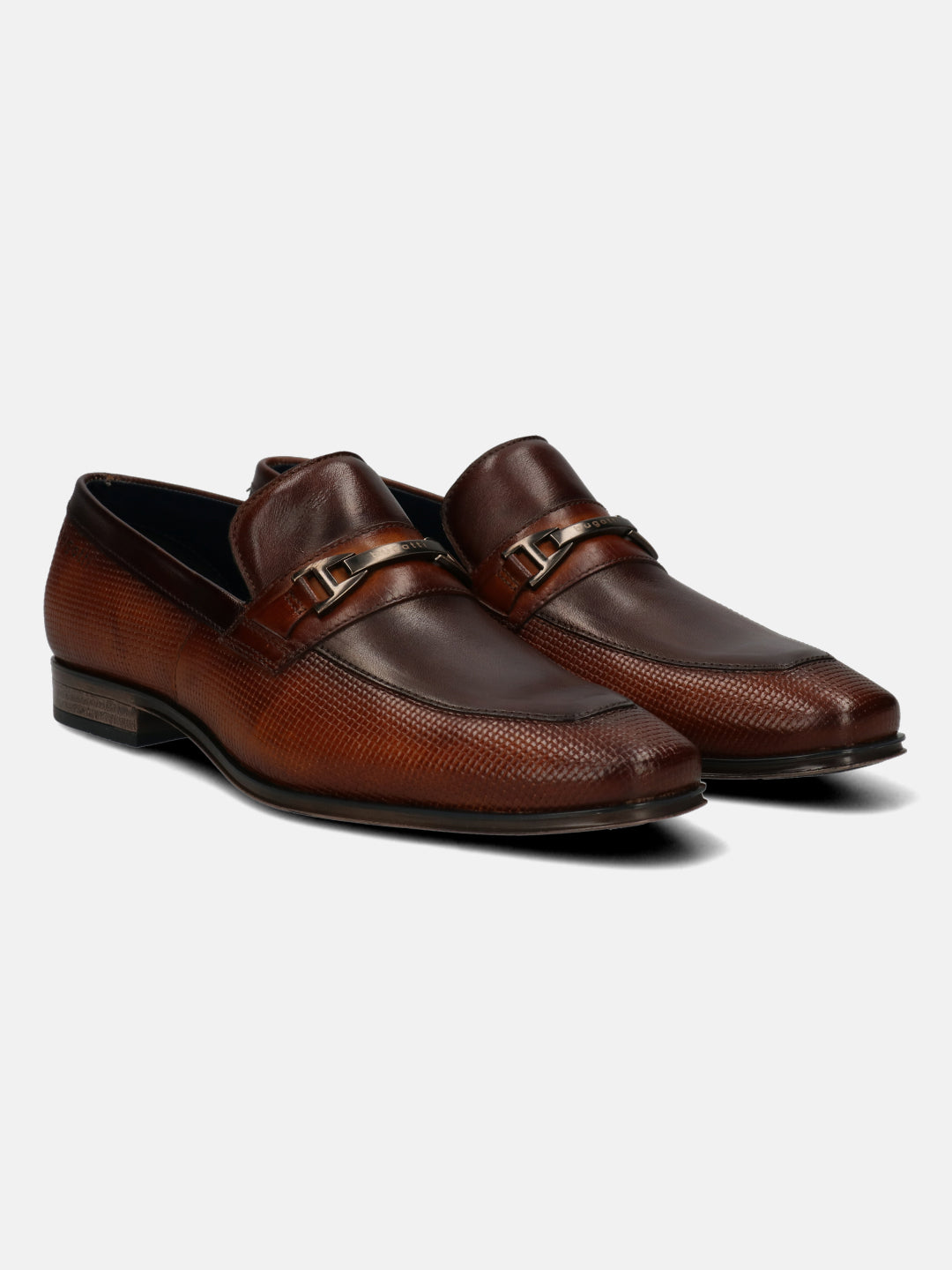 A cognac Men's bugatti  Bit Loafer featuring a pointed toe apron toe, stacked heel. Made from premium genuine leather with a durable tpr outsole, this slip-on design offers both style and comfort.
