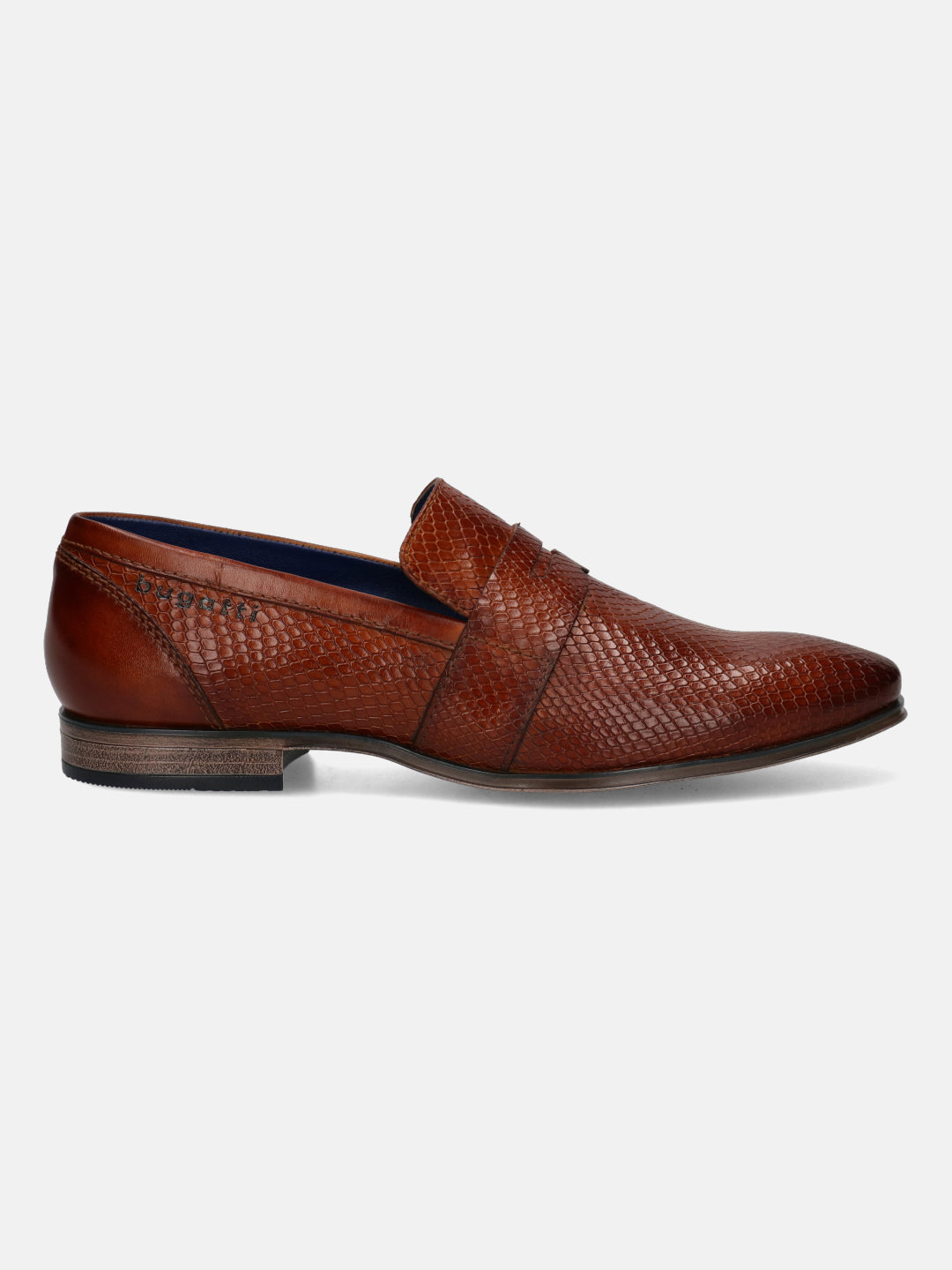A cognac Men's bugatti  Penny Loafer featuring a pointed toe plain toe, stacked heel. Made from premium genuine leather with a durable tpr outsole, this slip-on design offers both style and comfort.