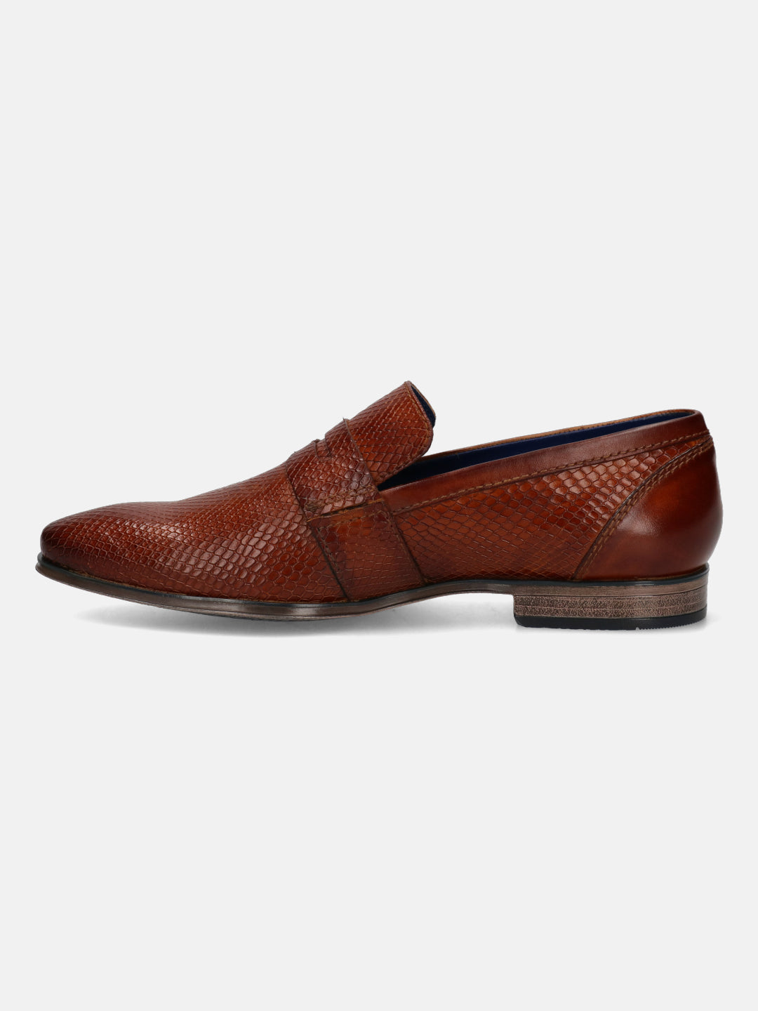 A cognac Men's bugatti  Penny Loafer featuring a pointed toe plain toe, stacked heel. Made from premium genuine leather with a durable tpr outsole, this slip-on design offers both style and comfort.
