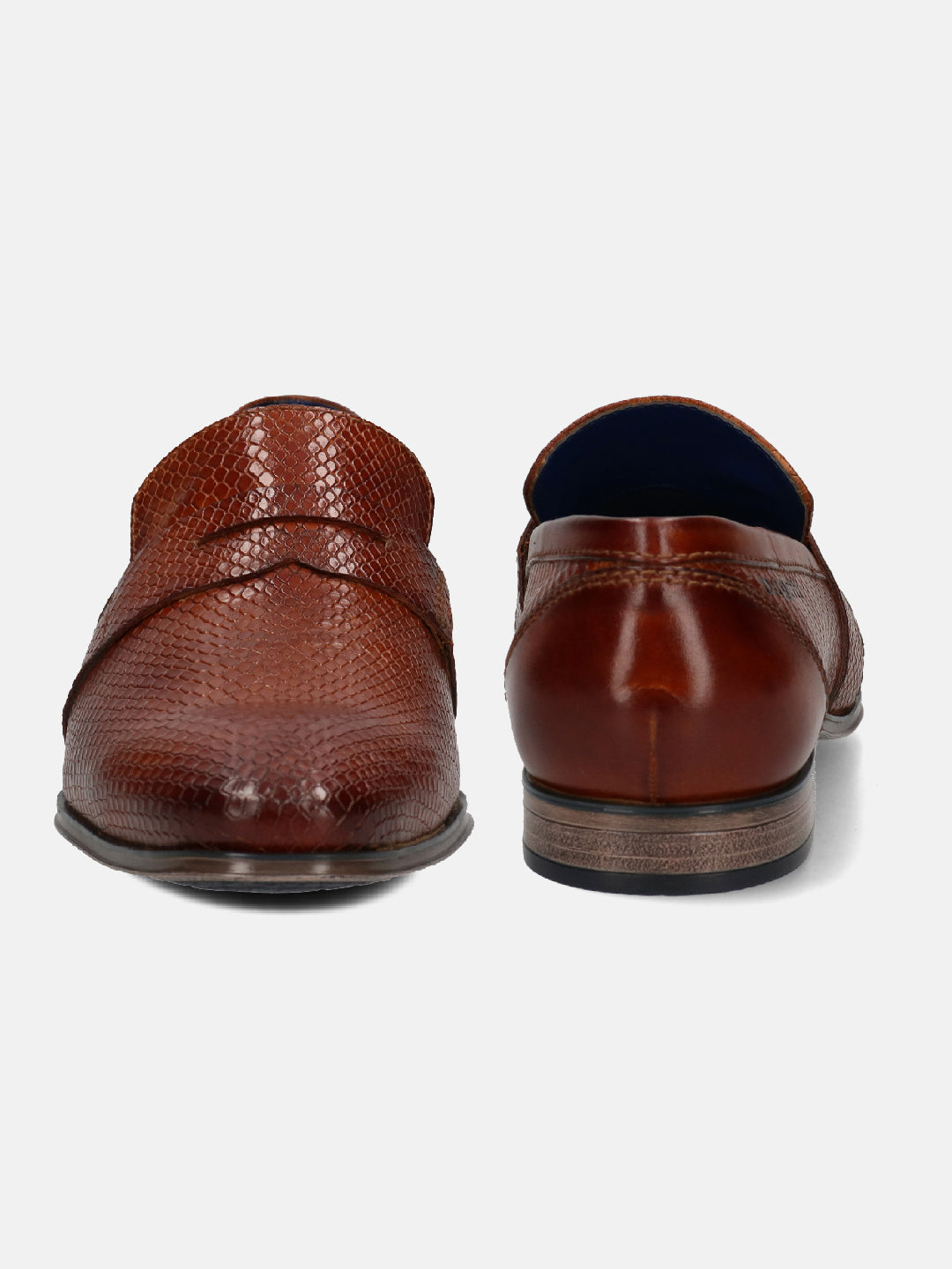 A cognac Men's bugatti  Penny Loafer featuring a pointed toe plain toe, stacked heel. Made from premium genuine leather with a durable tpr outsole, this slip-on design offers both style and comfort.