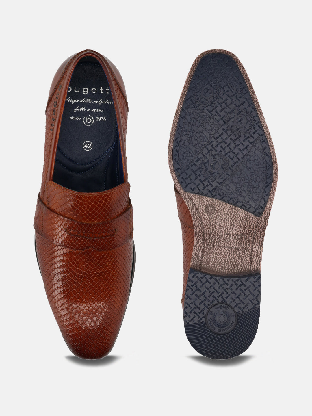 A cognac Men's bugatti  Penny Loafer featuring a pointed toe plain toe, stacked heel. Made from premium genuine leather with a durable tpr outsole, this slip-on design offers both style and comfort.