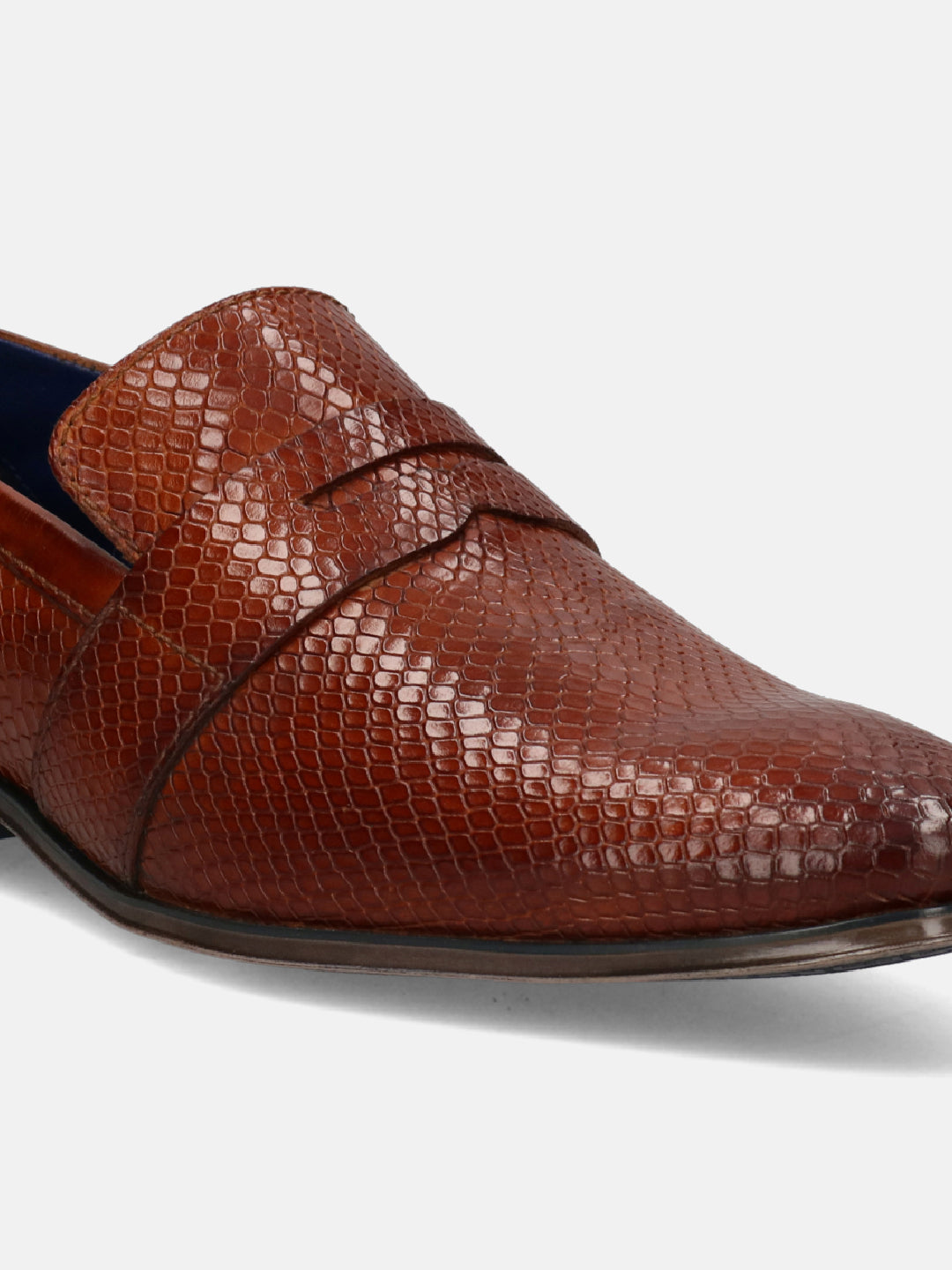 A cognac Men's bugatti  Penny Loafer featuring a pointed toe plain toe, stacked heel. Made from premium genuine leather with a durable tpr outsole, this slip-on design offers both style and comfort.