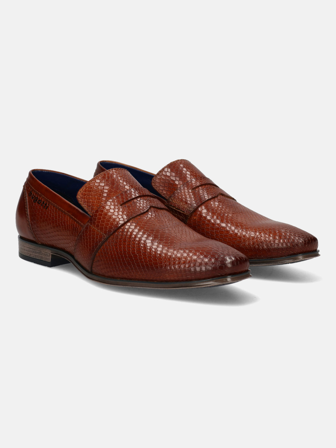A cognac Men's bugatti  Penny Loafer featuring a pointed toe plain toe, stacked heel. Made from premium genuine leather with a durable tpr outsole, this slip-on design offers both style and comfort.
