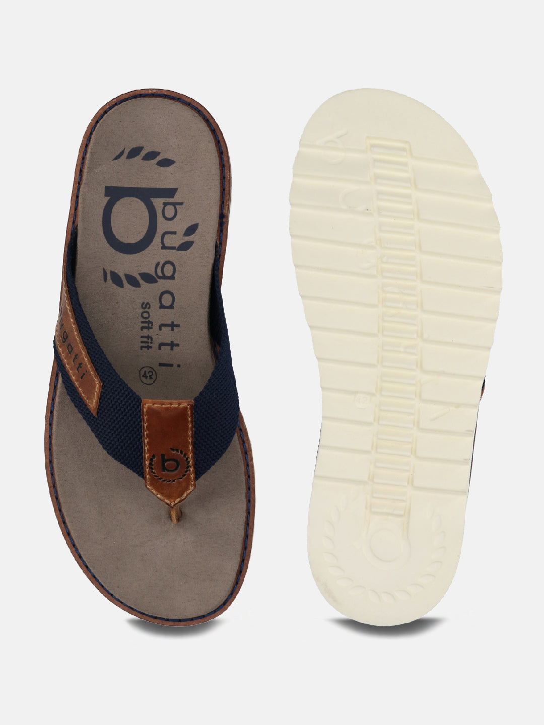 A blue Men's bugatti  Thongs featuring a round toe plain toe, zero heels heel. Made from textile with a durable eva outsole, this slide design offers both style and comfort.