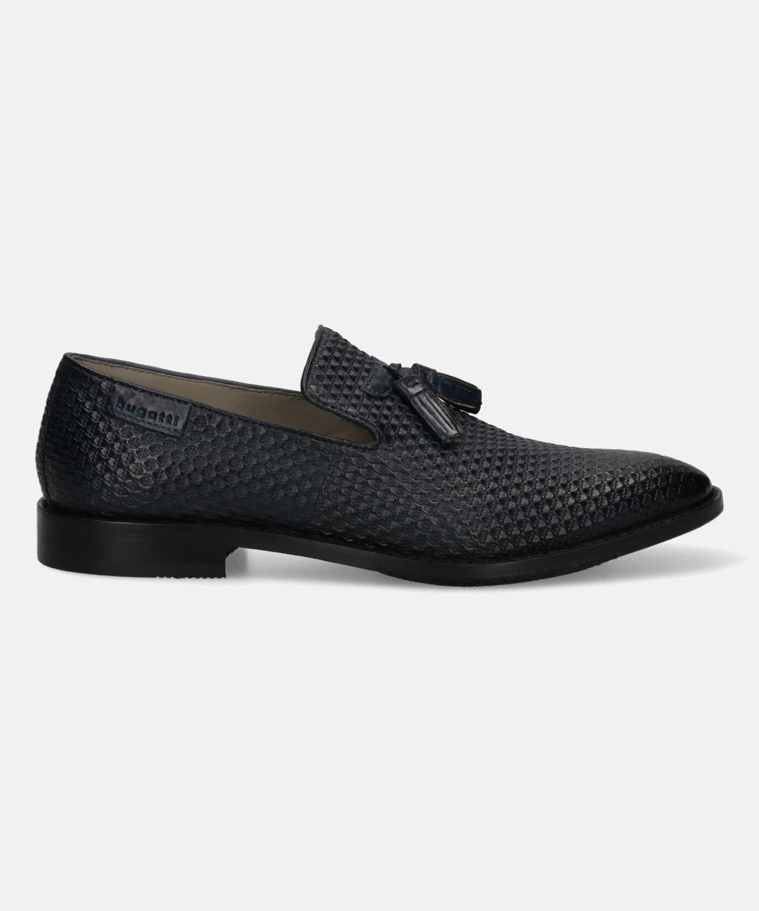 A blue Men's bugatti  Tassel Loafers featuring a pointed toe plain toe, stacked heel. Made from premium genuine leather with a durable leather outsole, this slip-on design offers both style and comfort.