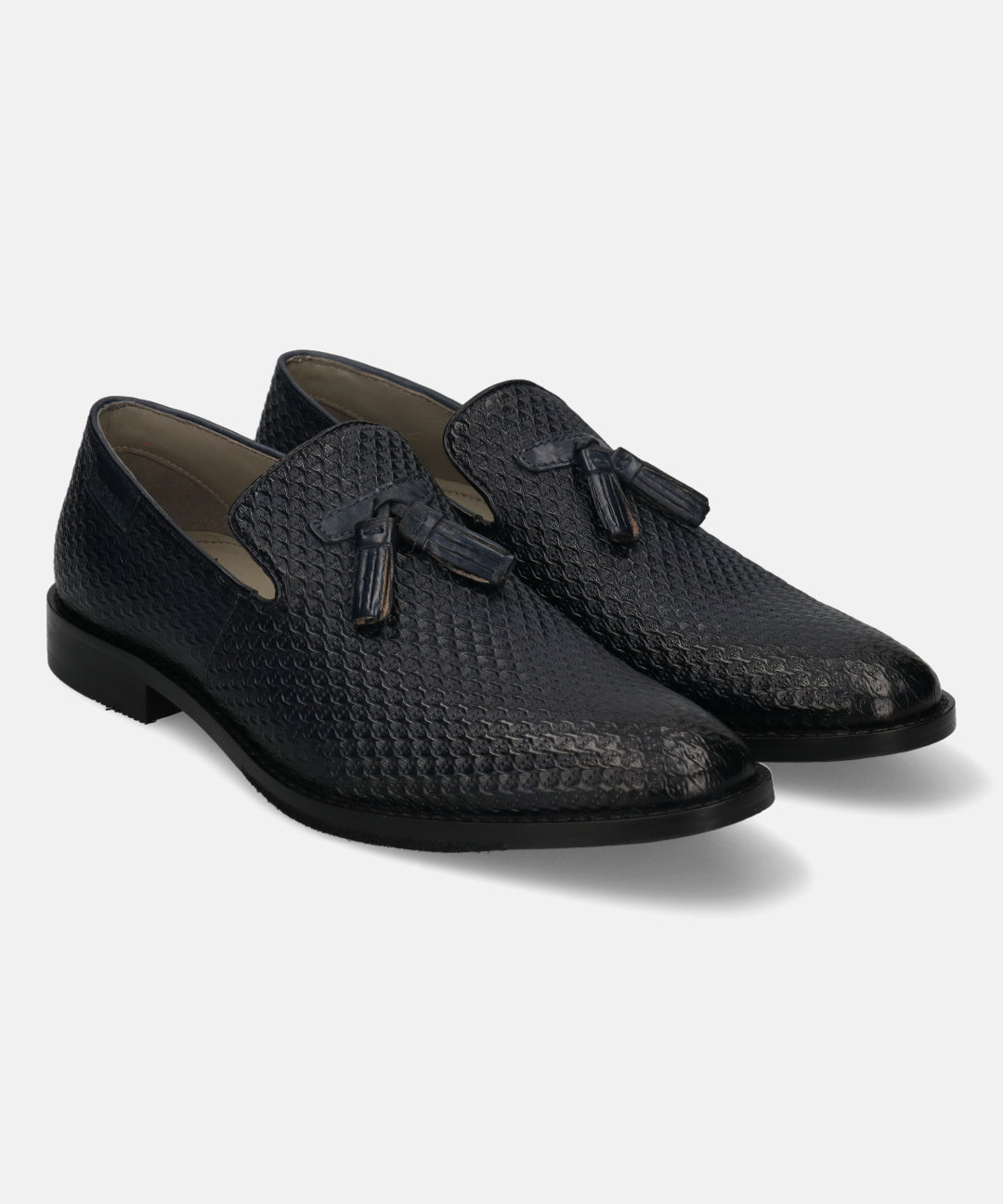 A blue Men's bugatti  Tassel Loafers featuring a pointed toe plain toe, stacked heel. Made from premium genuine leather with a durable leather outsole, this slip-on design offers both style and comfort.